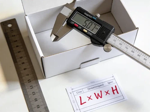 A rigid magnetic closure box sits open on a factory workbench next to a digital caliper and a steel ruler, with a handwritten dimension spec sheet showing L × W × H notation A rigid magnetic closure box sits open on a factory workbench next to a digital caliper and a steel ruler, with a handwritten dimension spec sheet showing L × W × H notation